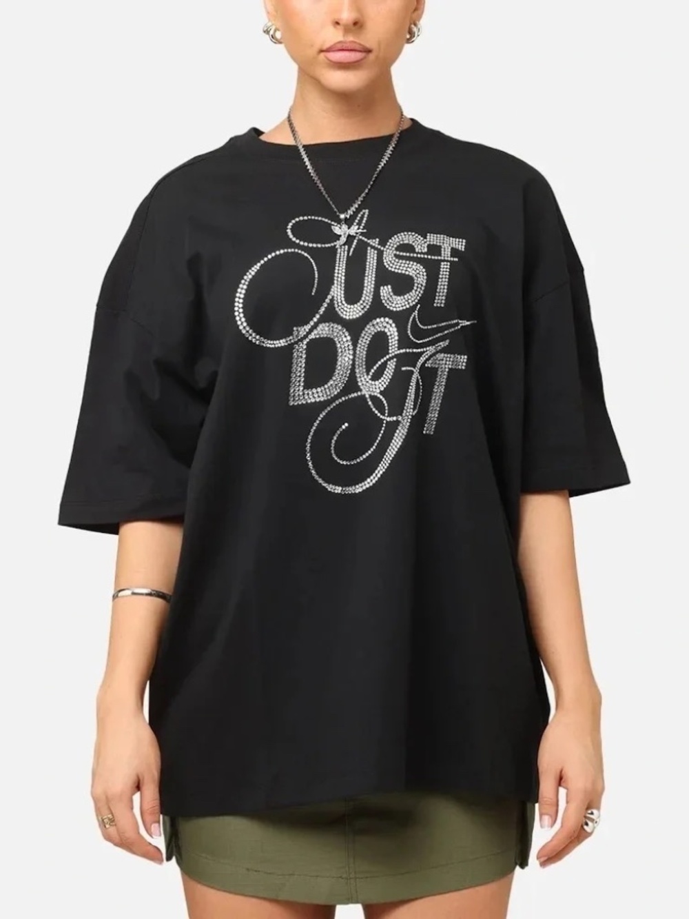 Nike Just Do It Rhinestone Oversized Black Tee XL NWT Sparkle Graphic FZ1153-010